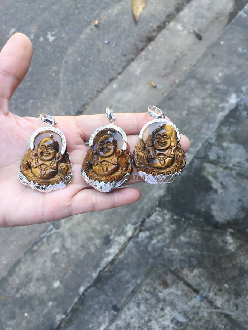 Mặt dây chuyền phật di lặc đá mắt hổ tự nhiên ốp bạc ta nguyên chất