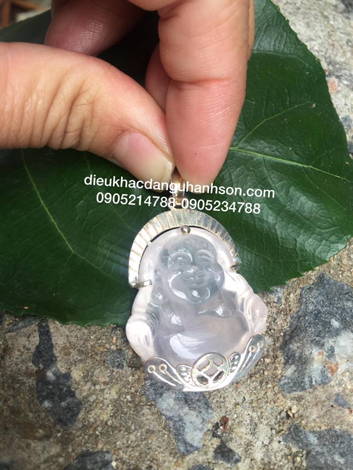 Mặt dây chuyền đức phật di lặc đá thạch anh hồng thiên nhiên ốp bạc ta MDL53