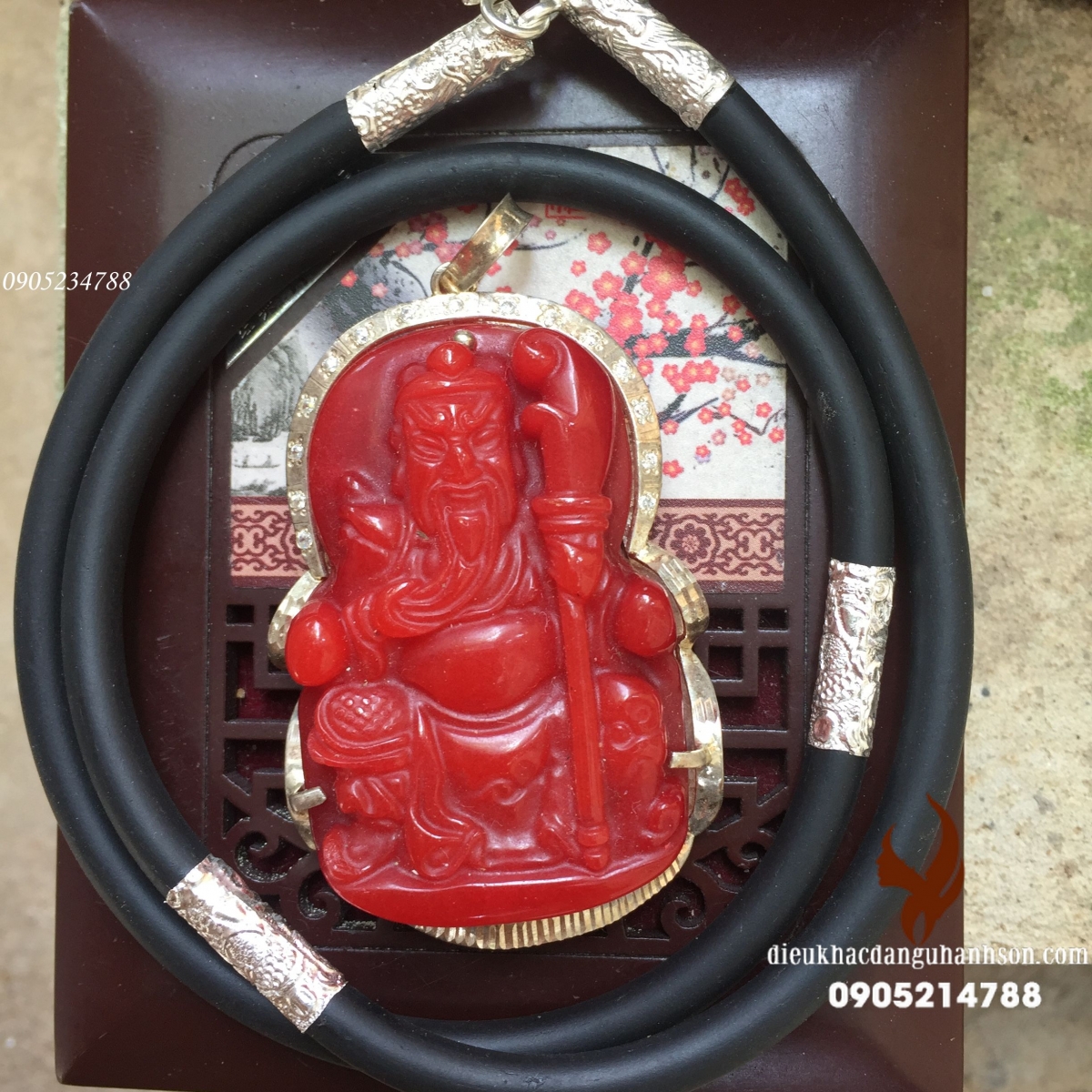 Mặt dây chuyền Quan công  Ngọc cẩm thạch huyết ốp bạc ta kèm dây đeo ốp bạc 4 đốt QC38