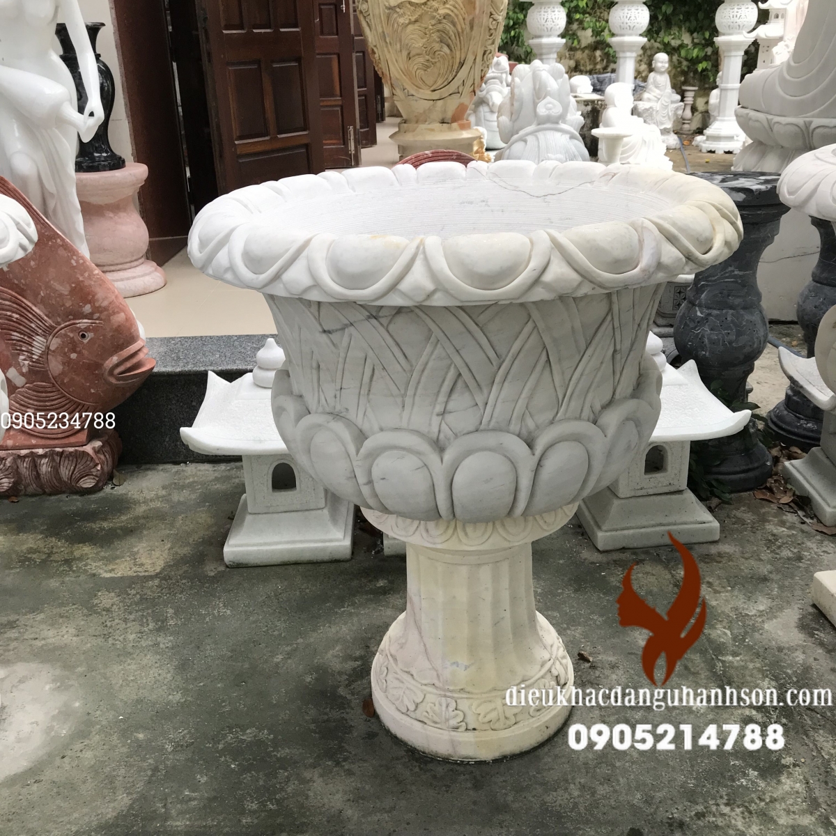 Chậu hoa đá trắng non nước nguyên khối size từ 30 cm - 1m - 2m(Mã sản phẩm: LH03)