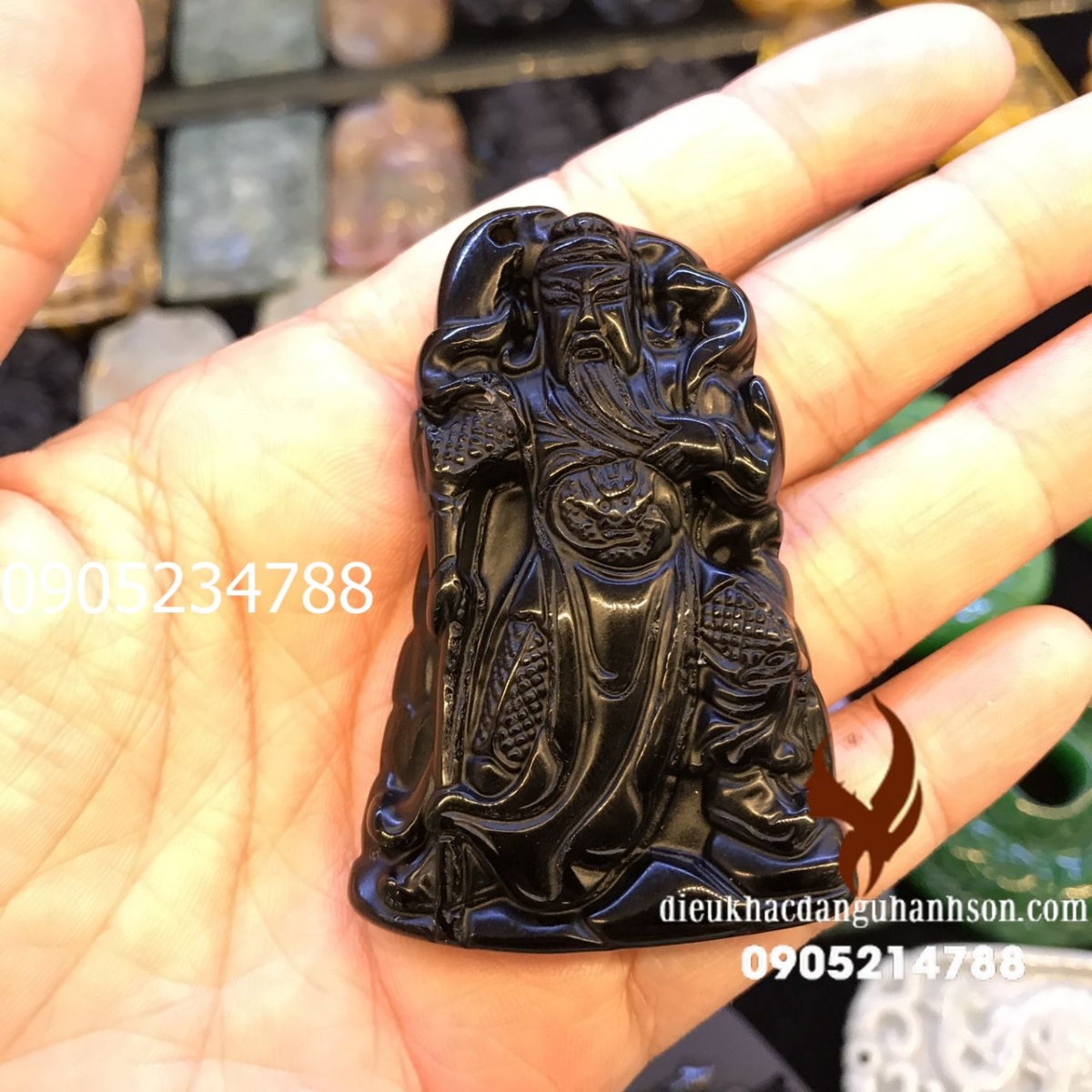 Mặt dây chuyền Quan công đá obisidian tặng móc đeo và dây vải đeo  QC31