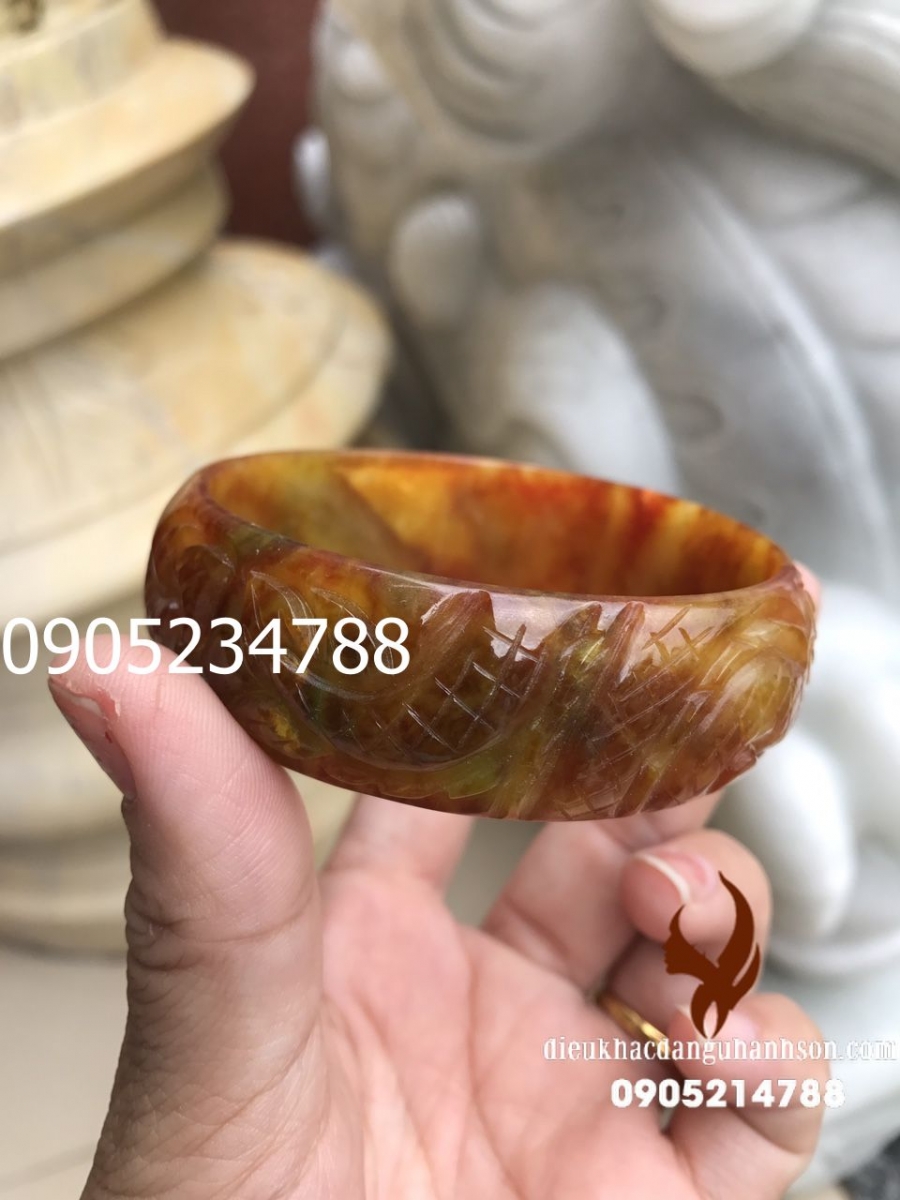 Vòng ngọc cẩm thạch tự nhiên tứ quý chạm hoa văn VTBL35