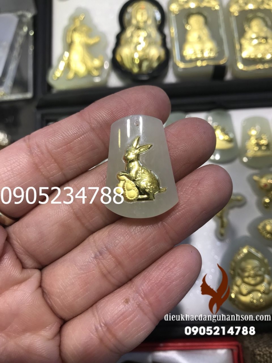 Con giáp Mèo (Mão) Ngọc cẩm thạch xi dát vàng 24k CG05