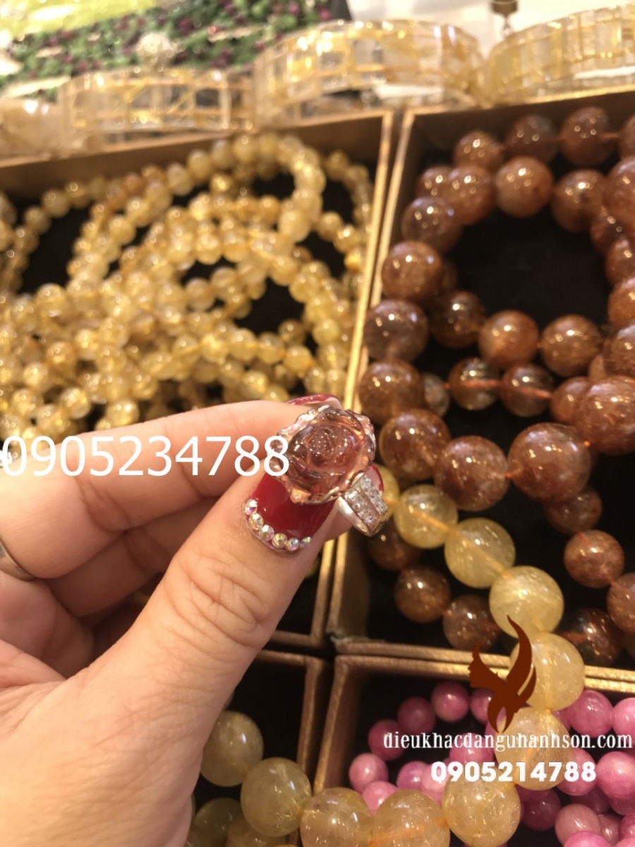 Nhẫn Hoa Mẫu Đơn Đá Tourmalin Thiên Nhiên Ốp Bạc Ta Nguyên Chất (Mã Sản Phẩm: HMD16)