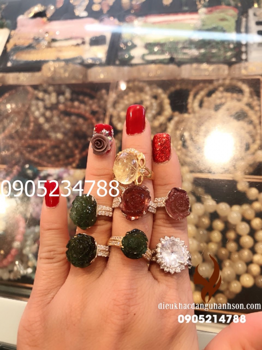 Nhẫn hoa mẫu đơn đá tourmalin ốp bạc ta nguyên chất (Mã sản phẩm: HMD07)